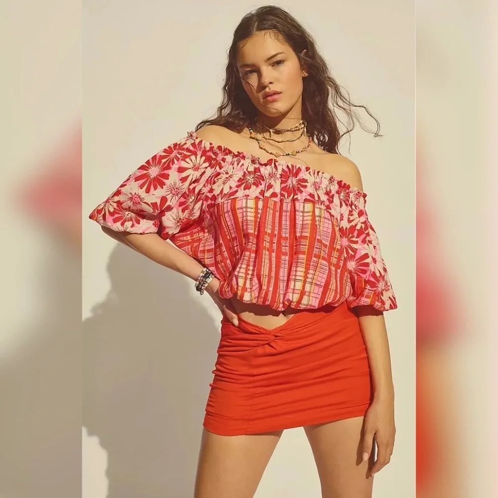 Free People Felicity Linen Blend Off Shoulder Cropped Top Pink Orange Size S